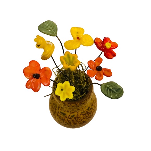Miniature Czech Glass Flowers in Pottery Vase 5” Midcentury Vintage Boho Orange - Picture 3 of 12